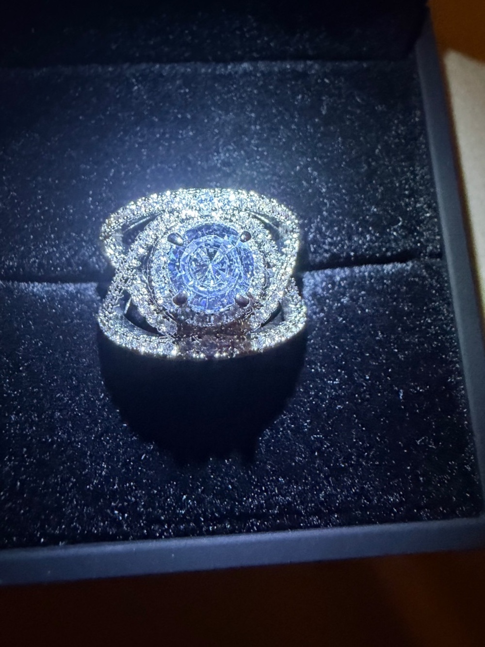 Round-cut White Sapphire Halo Ring: 14kt White Gold/Silver